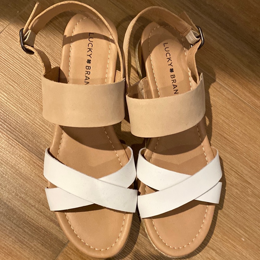 Lucky Brand Tan and White Wedge Sandals
